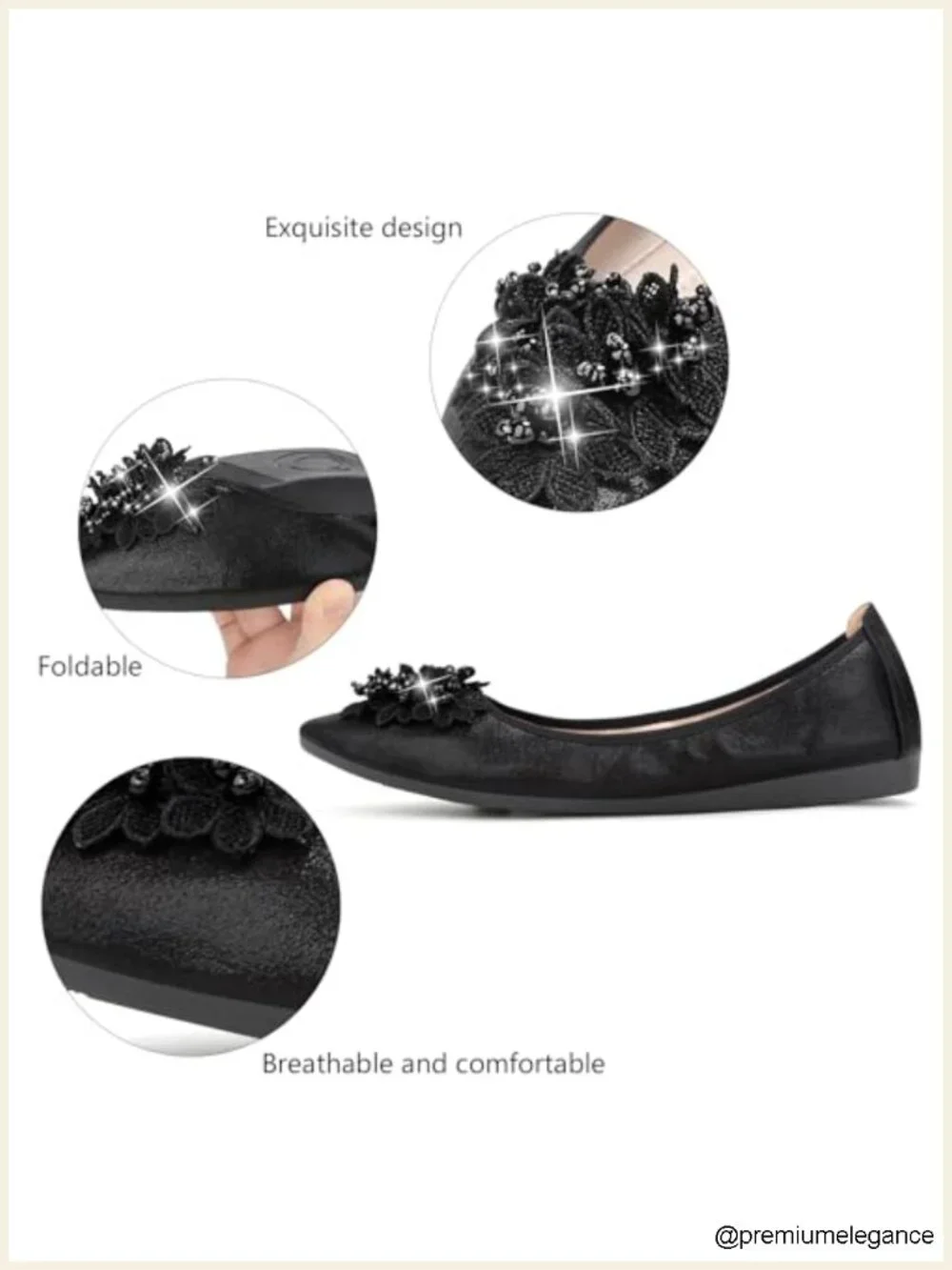 Women's Foldable Ballet Flats Rhinestone Bowknot PU Leather Pointed Toe Slip On